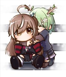 Rule 34 | 2girls, ahoge, antlers, brown eyes, brown hair, ceres fauna, chibi, commission, derivative work, ear piercing, earrings, fishnet thighhighs, fishnets, flower, green hair, hair flower, hair ornament, highres, hololive, hololive english, horns, hug, hug from behind, jewelry, moon ldl, multicolored hair, multiple girls, nanashi mumei, nanashi mumei (emo), nightmare (nanashi mumei), piercing, shirt, streaked hair, striped clothes, striped shirt, thighhighs, two-tone hair, virtual youtuber, white hair