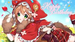 Rule 34 | 1girl, :p, animal ears, animal hands, animal hood, blue sky, braid, brown gloves, brown hair, capelet, confetti, day, fake animal ears, food, food on face, fork, fruit, gloves, green eyes, happy birthday, holding, holding fork, hood, hood up, hooded capelet, leg up, long hair, looking at viewer, lying, nijisanji, on stomach, outdoors, paw gloves, plaid, plaid skirt, red capelet, red footwear, red skirt, shoes, skirt, sky, solo, strawberry, tail, thighhighs, tongue, tongue out, virtual youtuber, warabeda meiji, white thighhighs, yamabukiiro
