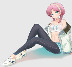 Rule 34 | 1girl, absurdres, arknights, black pants, blue eyes, blue poison (arknights), blue poison (shoal beat) (arknights), blue shorts, blush, body markings, bra, braid, breasts, character name, choker, cleavage, closed mouth, clothes writing, collarbone, commentary, ear piercing, english commentary, full body, grey background, hairband, highres, jacket, looking at viewer, medium breasts, medium hair, navel, o-ring, o-ring choker, off shoulder, official alternate costume, open clothes, open jacket, pants, pants under shorts, parfait desu, parted bangs, piercing, pink choker, pink hair, shoes, short shorts, shorts, signature, simple background, sitting, solo, sports bra, stomach, tight clothes, tight pants, twin braids, twintails, underwear, white bra, white footwear, white jacket
