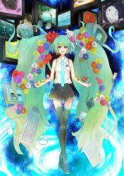 Rule 34 | bad id, bad pixiv id, bird, boots, chick, digital media player, flower, hair flower, hair ornament, hatsune miku, headphones, ipod, keyboard (computer), long hair, mishia, monitor, mouse (computer), necktie, photo (object), skirt, solo, thigh boots, thighhighs, twintails, very long hair, vocaloid