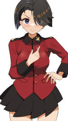 Rule 34 | 1girl, black hair, black skirt, blaze (blazeillust), blue eyes, closed mouth, commentary, cowboy shot, earrings, frown, girls und panzer, hair over one eye, hand on own hip, highres, jacket, jewelry, long sleeves, looking at viewer, military uniform, miniskirt, pleated skirt, red jacket, short hair, simple background, skirt, solo, st. gloriana&#039;s military uniform, standing, uniform, vanilla (girls und panzer), white background
