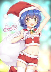 Rule 34 | 1girl, :d, arm up, artist name, bell, blue hair, capelet, christmas, commentary request, crop top, fang, fur-trimmed capelet, fur-trimmed headwear, fur-trimmed shorts, fur trim, gochuumon wa usagi desu ka?, hand on headwear, hat, jouga maya, looking at viewer, merry christmas, multiple girls, navel, open mouth, pom pom (clothes), red capelet, red footwear, red hat, red shorts, sack, santa hat, short hair, short shorts, shorts, smile, solo, thighhighs, white thighhighs, win opz, yellow eyes