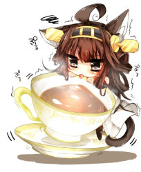 Rule 34 | 10s, 1girl, ahoge, animal ears, bare shoulders, brown hair, cat ears, cat tail, chibi, cup, detached sleeves, headgear, kaenuco, kantai collection, kemonomimi mode, kongou (kancolle), long hair, nontraditional miko, saucer, simple background, solo, tail, tea, teacup, tongue, tongue out, trembling