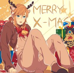 Rule 34 | 1boy, animal costume, animal ears, antlers, artist name, bell, blonde hair, blue eyes, bow, bowtie, box, brown jacket, cropped jacket, deer ears, eorinamo, foot out of frame, gift, gift box, hair between eyes, highres, horns, jacket, link, long sleeves, low ponytail, male focus, medium hair, merry christmas, neck bell, nintendo, parted lips, pointy ears, red bow, red bowtie, reindeer antlers, reindeer costume, sidelocks, sitting, solo, the legend of zelda, the legend of zelda: breath of the wild