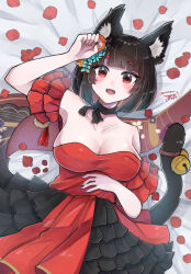 Rule 34 | 1girl, animal ear fluff, animal ears, armpits, azur lane, bell, blunt bangs, blush, breasts, cat ears, cat girl, cat tail, cleavage, dress, evening gown, fang, frilled dress, frills, from above, hair ornament, highres, large breasts, lying, mismatched eyebrows, official alternate costume, on back, open mouth, paw pose, petals, red dress, red eyes, ruchita, short hair, skin fang, tail, tail bell, tail ornament, yamashiro (azur lane), yamashiro (dressy black cat) (azur lane)