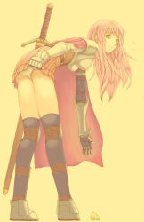 Rule 34 | 1girl, armor, bent over, black socks, cape, covering privates, covering ass, green eyes, kneehighs, knight (ragnarok online), lace, lace-trimmed panties, lace trim, long hair, panties, pantyshot, pink hair, ragnarok online, skirt, skirt tug, socks, solo, sword, thighhighs, underwear, upskirt, weapon, white panties