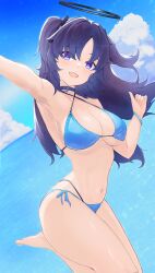 Rule 34 | 1girl, absurdres, armpits, bare arms, bare legs, bare shoulders, bikini, blue archive, blue bikini, blush, breasts, chankuro, cleavage, day, highres, large breasts, long hair, looking at viewer, navel, ocean, open mouth, outdoors, purple eyes, purple hair, smile, solo, swimsuit, two side up, yuuka (blue archive)