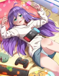 Rule 34 | 1girl, ahoge, bed sheet, blue skirt, blush, brand name imitation, breasts, controller, crotch seam, dot nose, game console, game controller, green eyes, hair between eyes, handheld game console, hands up, haruki (haruki678), highres, idolmaster, idolmaster million live!, idolmaster million live! theater days, indoors, keyboard (computer), leg up, lens flare, lens flare abuse, long hair, long sleeves, looking at viewer, lying, miniskirt, mochizuki anna, nintendo, nintendo 3ds, nintendo switch, on back, on bed, open mouth, panties, pantyshot, pencil skirt, pillow, purple hair, shirt, skirt, small breasts, smile, solo, sparkle, stuffed toy, underwear, white panties, white shirt