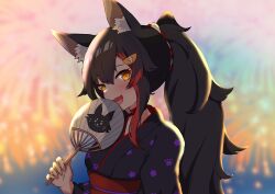 Rule 34 | 1girl, absurdres, animal ear fluff, animal ears, black hair, black kimono, choker, ekaki mato, fang, fireworks, hair ornament, hairpin, hand fan, highres, hololive, japanese clothes, kimono, looking at viewer, multicolored hair, ookami mio, open mouth, paper fan, paw print, ponytail, red choker, red hair, smile, solo, streaked hair, virtual youtuber, wolf ears, wolf girl, yukata