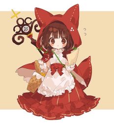 Rule 34 | 1girl, animal ears, apron, basket, blush, bow, braid, bread, brown eyes, brown hair, cape, character request, dress, dress bow, food, frilled apron, frilled dress, frills, hibi89, holding, holding basket, holding paper, hood, looking at viewer, low twin braids, merc storia, paper, red bow, red cape, red hood, red skirt, skirt, solo, sweatdrop, twin braids, white apron