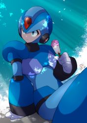 Rule 34 | 1boy, android, arm behind back, armor, blue armor, chewing, closed mouth, commentary, dated, food, green eyes, helmet, holding, looking away, male focus, mega man (series), mega man x (series), popsicle, robot, shade, shadow, signature, sitting, solo, sunlight, tobitori, x (mega man)