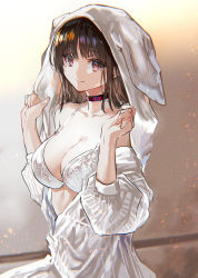 Rule 34 | 1girl, bare shoulders, bra, breasts, brown hair, choker, cleavage, closed mouth, collarbone, hands up, highres, hood, hood up, large breasts, long sleeves, looking at viewer, off shoulder, open clothes, original, puffy long sleeves, puffy sleeves, purple eyes, ran&#039;ou (tamago no kimi), smile, solo, underwear, upper body, white bra
