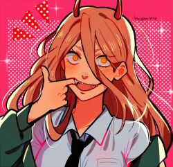 Rule 34 | 1girl, absurdres, artist name, black necktie, blue jacket, blush, brown hair, chainsaw man, collared shirt, cross-shaped pupils, finger in own mouth, hair between eyes, highres, horns, huyandere, jacket, long hair, looking at viewer, necktie, off shoulder, open mouth, power (chainsaw man), red horns, sharp teeth, shirt, solo, sparkle, symbol-shaped pupils, teeth, upper body, white shirt, yellow eyes
