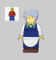 Rule 34 | 1girl, braid, closed mouth, commentary, english commentary, full body, grey background, grey hair, highres, izayoi sakuya, lego, lego minifig, looking at viewer, maid, maid headdress, reference inset, side braids, simple background, smile, solo, touhou, twin braids, umisaki, what