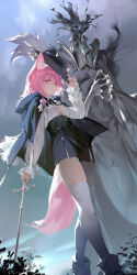 Rule 34 | 1girl, absurdres, animal ear fluff, animal ears, black cape, black skirt, breasts, cape, dated, feet out of frame, hat, high-waist skirt, highres, holding, holding sword, holding weapon, long sleeves, medium breasts, original, outdoors, pink hair, ribao, shirt, signature, skirt, solo focus, standing, sword, tail, thighhighs, weapon, white shirt, white thighhighs