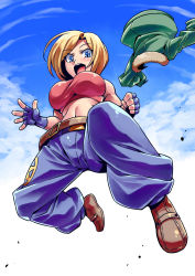 Rule 34 | 1girl, baggy pants, bare shoulders, belt, blonde hair, blue eyes, blue mary, breasts, crop top, fatal fury, fingerless gloves, gloves, halterneck, halterneck, highres, jacket, large breasts, midriff, navel, open mouth, pants, short hair, snk, solo, straight hair, the king of fighters, tukiwani