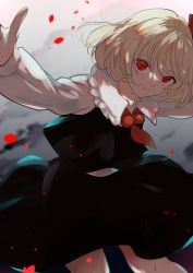 Rule 34 | 1girl, beads, black skirt, black vest, blonde hair, blurry, blurry background, cloud, depth of field, feet out of frame, frilled shirt collar, frills, hair ribbon, highres, kerok (joniko1110), long sleeves, looking at viewer, necktie, outdoors, outstretched arms, petals, puffy sleeves, red eyes, red necktie, red ribbon, ribbon, rumia, short hair, skirt, sky, smile, solo, touhou, vest, wind, wind lift