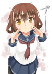 Rule 34 | &gt;:i, 10s, 1girl, :i, anchor symbol, black pantyhose, blue skirt, blush, brown hair, closed mouth, collarbone, cowboy shot, hair ornament, hairclip, hands on own cheeks, hands on own face, ikazuchi (kancolle), kantai collection, long sleeves, neckerchief, pantyhose, pleated skirt, pout, red neckerchief, roman numeral, school uniform, serafuku, shimotsuki iko, shirt, short hair, simple background, skirt, solo, standing, text focus, translation request, v-shaped eyebrows, white background, white shirt, yellow eyes