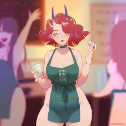 Rule 34 | 3girls, apron, barista, blurry, blurry background, breasts, cherry, choker, cleavage, clothes writing, commentary request, cowboy shot, cup, disposable cup, earrings, food, fruit, gradient horns, green apron, groin, hands up, highres, holding, holding cup, horns, iced latte with breast milk (meme), jewelry, large breasts, light particles, light smile, lipstick, long hair, looking at viewer, makeup, meme, multicolored horns, multiple girls, naked apron, original, parted lips, purple horns, red hair, red lips, sash, short hair, shounen girl, skin-covered horns, solo focus, starbucks, stud earrings, transparent, w arms, wavy hair