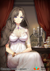 Rule 34 | 1girl, bad id, bad pixiv id, bracelet, braid, breasts, brown hair, candelabra, candle, candlestand, carchet, chair, closed mouth, commentary, copyright name, dress, gem, jewelry, large breasts, long dress, long hair, looking at viewer, official art, purple eyes, qurare magic library, see-through, single braid, sitting, smile, solo, table, very long hair, watermark, white dress