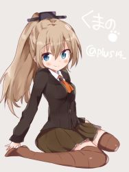 Rule 34 | 10s, 1girl, blue eyes, brown hair, brown legwear, brown skirt, chuuta (+14), collared shirt, commentary request, kantai collection, kumano (kancolle), long hair, long sleeves, looking at viewer, neckerchief, pleated skirt, ponytail, school uniform, serafuku, shirt, simple background, skirt, solo