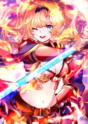 Rule 34 | 1girl, absurdres, armor, belt, belt buckle, blonde hair, blue eyes, breasts, brown belt, buckle, embers, floating hair, gauntlets, granblue fantasy, highres, holding, holding polearm, holding weapon, large breasts, long hair, midriff, miniskirt, navel, one eye closed, open mouth, pleated skirt, polearm, purple skirt, shoulder armor, skirt, smile, solo, pauldrons, standing, standing on one leg, stomach, thighhighs, weapon, yoake, zeta (granblue fantasy)