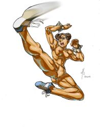 Rule 34 | 1girl, abs, ac120, arm up, armpits, blue footwear, bracelet, breasts, brown hair, capcom, chun-li, completely nude, double bun, female focus, full body, gluteal fold, hair bun, jewelry, kicking, medium breasts, motion blur, muscular, muscular female, naked shoes, navel, nipples, nude, open mouth, pussy, shoe soles, shoes, shoes only, short hair, simple background, sneakers, solo, spiked bracelet, spikes, street fighter, teeth, thighs, tongue, uncensored, white background