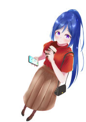Rule 34 | 1girl, 26 (futamr), absurdres, artist name, artist request, bag, black footwear, black high heels, blue hair, blush, breasts, brown footwear, brown skirt, cellphone, coffee cup, cup, disposable cup, female focus, full body, futamu yuinowa, hair between eyes, high heels, highres, holding, holding cellphone, holding cup, holding phone, long hair, looking at viewer, love live!, love live! school idol festival, love live! sunshine!!, matsuura kanan, parted lips, phone, ponytail, purple eyes, red shirt, shirt, shoulder bag, skirt, small breasts, smile, solo, white background