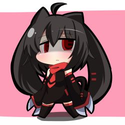 Rule 34 | 1girl, ahoge, animal ears, black hair, black thighhighs, borrowed character, cat ears, cat tail, chibi, claws, detached sleeves, long hair, looking at viewer, original, red eyes, shaded face, solo, tail, thighhighs, twintails, twumi, zettai ryouiki