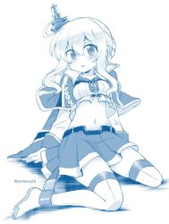 Rule 34 | 1girl, :o, ahoge, aiguillette, anchor, arms at sides, azur lane, blue theme, blush, braid, breasts, capelet, crop top, dress, eromame, eyebrows, french braid, full body, gloves, hair between eyes, long hair, long sleeves, looking at viewer, miniskirt, monochrome, navel, open mouth, over-kneehighs, pleated dress, popped collar, renown (azur lane), shirt, short hair with long locks, sidelocks, simple background, sitting, skindentation, skirt, sleeve cuffs, small breasts, solo, spread legs, stomach, teeth, thighhighs, twitter username, white background, zettai ryouiki