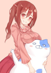 Rule 34 | 10s, 1girl, blush, blush stickers, breast rest, breasts, brown eyes, brown hair, dakimakura (object), ebina nana, eichan (eichanidfi), female focus, highres, himouto! umaru-chan, large breasts, long hair, looking at viewer, necolumbus, nekoronbusu, pillow, simple background, skirt, smile, solo, stuffed animal, stuffed cat, stuffed toy, twintails, wavy mouth