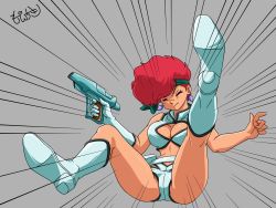 Rule 34 | 1girl, bad id, bad pixiv id, breasts, cleavage, dirty pair, earrings, emphasis lines, closed eyes, falling, gloves, green headband, grey background, gun, headband, highres, holding, holding gun, holding weapon, jewelry, kei (dirty pair), medium breasts, midriff, moechiki, open hand, red hair, single glove, solo, weapon, white footwear, white gloves