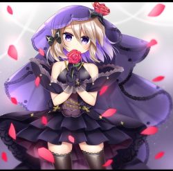 Rule 34 | 1girl, azur lane, bare shoulders, black bow, black dress, black gloves, black thighhighs, blush, bow, brown hair, closed mouth, dress, flower, gloves, hair between eyes, hair bow, hands up, highres, holding, holding flower, layered dress, letterboxed, looking at viewer, petals, pleated dress, purple eyes, red flower, red rose, rose, shikito (yawa0w0), sleeveless, sleeveless dress, solo, standing, thighhighs, veil, wedding dress, z23 (azur lane), z23 (schwarze hochzeit) (azur lane)