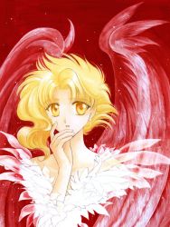 Rule 34 | 1other, ambiguous gender, androgynous, angel, blonde hair, clamp, earrings, highres, jewelry, kohaku (wish), solo, upper body, wings, wish, yellow eyes