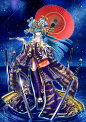 Rule 34 | 1girl, blue hair, breasts, cleavage, dragon poker, full body, groin, hair ornament, hair stick, katana, outdoors, over shoulder, parasol, planted, planted sword, planted weapon, purple thighhighs, ripples, sandals, sky, smile, solo, standing, star (sky), starry sky, sword, thighhighs, umbrella, water, weapon, wide sleeves