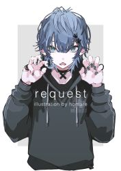 Rule 34 | 1boy, absurdres, black choker, black hole, blue eyes, blue hair, choker, claw pose, commentary request, commission, drawstring, grey background, hands up, highres, homare eramoh, hood, hood down, jewelry, looking at viewer, male focus, open mouth, original, paw print, ring, sharp teeth, short hair, skeb commission, solo, teeth, two-tone background, upper body, white background