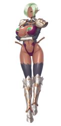 Rule 34 | 1girl, breasts, cleavage, closed mouth, crossed arms, dark-skinned female, dark skin, detached collar, elf, feet, female focus, full body, game cg, green hair, groin, hair over one eye, highres, huge breasts, huracan, knife, kyonyuu onna senshi dogeza saimin, legs, looking at viewer, navel, original, pointy ears, revealing clothes, short hair, shoulder pads, smile, solo, standing, thighhighs, thighs, tiara, transparent background, viola auris, yellow eyes