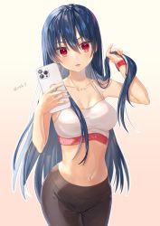 Rule 34 | 1girl, absurdres, angel beats!, bare arms, bare shoulders, blue hair, breasts, cleavage, closed mouth, collarbone, commentary request, hand up, highres, holding, holding phone, leggings, long hair, looking at viewer, medium breasts, navel, phone, red eyes, selfie, shiina (angel beats!), solo, sports bra, sportswear, very long hair, zuzuhashi