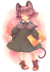 Rule 34 | 1girl, alternate costume, animal ears, closed eyes, contemporary, dress, gradient background, grey hair, iris anemone, mouse ears, mouse tail, nazrin, notebook, short hair, smile, solo, tail, touhou