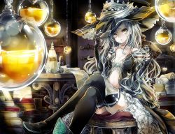 Rule 34 | 1girl, adjusting clothes, adjusting headwear, bad id, bad pixiv id, bare shoulders, book, bra, breasts, chain, cleavage, collarbone, cup, fingerless gloves, gloves, hat, high heels, crossed legs, long hair, navel, original, scroll, sitting, solo, teacup, teapot, thighhighs, underwear, white hair, witch, witch hat, yellow eyes, yokiri