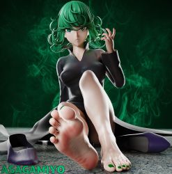 Rule 34 | 3d, absurdres, barefoot, ease, embarrassed, feet, feet out of frame, green hair, highres, leaning forward, leg lift, nail polish, one-punch man, sad, shoes, unworn shoes, sitting, soles, spread legs, tatsumaki