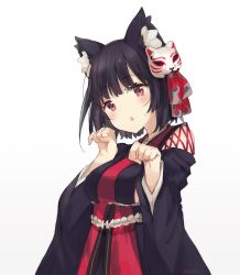 Rule 34 | 1girl, animal ears, azur lane, black hair, blunt bangs, cat ears, cat mask, gradient background, grey background, highres, long sleeves, looking at viewer, mask, mask on head, mochii, paw pose, red eyes, short hair, signature, solo, standing, triangle mouth, upper body, wide sleeves, yamashiro (azur lane)