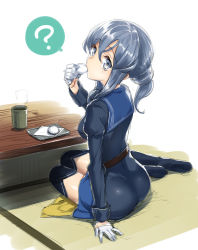 Rule 34 | 1girl, ass, black thighhighs, blue eyes, blue hair, blue jacket, blue skirt, breasts, cup, eating, food, gloves, gotland (kancolle), hair between eyes, hair bun, highres, hisasi, jacket, kantai collection, long hair, looking at viewer, military, military jacket, military uniform, miniskirt, mole, mole under eye, plate, simple background, single hair bun, sitting, skirt, small breasts, solo, table, thighhighs, uniform, white background, white gloves, yunomi
