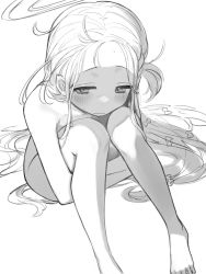 Rule 34 | 1girl, absurdres, bad id, bad twitter id, barefoot, blue archive, blush, bow, closed mouth, greyscale, hair bow, halo, highres, hugging own legs, long hair, looking at viewer, messy hair, monochrome, one side up, signalviolet, simple background, sitting, sketch, solo, sweat, wavy mouth, yuzu (blue archive)