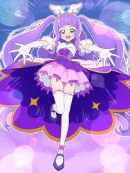 Rule 34 | 1girl, backlighting, big hair, bridal garter, brooch, clothing cutout, commentary, cure majesty, dress, elbow gloves, flats, full body, gloves, half-dress, highres, hirogaru sky! precure, jewelry, leg up, long hair, looking at viewer, magical girl, miniskirt, open mouth, pleated skirt, precure, purple background, purple dress, purple footwear, purple hair, purple skirt, reaching, reaching towards viewer, short sleeves, shoulder cutout, skirt, smile, standing, standing on one leg, thighhighs, tiler (tiler00), very long hair, white gloves, white thighhighs, wing brooch, wing hair ornament