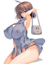 Rule 34 | 1girl, absurdres, arm up, bag, black panties, blue eyes, breasts, brown hair, cleavage, cleavage cutout, clothing cutout, covered erect nipples, dress, dress tug, handbag, highres, huge areolae, huge breasts, invisible chair, kouno (masao), looking at viewer, original, panties, photoshop (medium), revision, see-through, see-through dress, short hair, sitting, solo, underwear