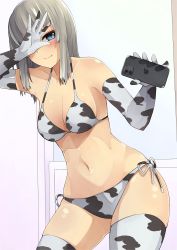 Rule 34 | 1girl, alternate costume, animal print, bad id, bad pixiv id, bikini, blue eyes, blush, breasts, cellphone, cleavage, closed mouth, commentary, covering face, cow print, elbow gloves, girls und panzer, gloves, highres, holding, holding phone, itsumi erika, kakimoto nao, leaning to the side, looking at viewer, medium hair, navel, phone, print bikini, print gloves, print thighhighs, selfie, side-tie bikini bottom, silver hair, smartphone, smile, solo, standing, swimsuit, thighhighs, white bikini, white gloves, white thighhighs