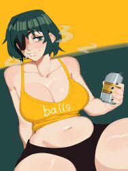 Rule 34 | 1girl, beer can, belly, black hair, breasts, camisole, can, chainsaw man, cigarette, cleavage, collarbone, drink can, eyepatch, fang, highres, himeno (chainsaw man), holding, holding can, large breasts, looking at viewer, nezulet, short hair, smoke, smoking, solo, two-tone background, yellow camisole