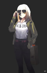 Rule 34 | 1girl, absurdres, adjusting eyewear, bag, belt, black background, black pants, camouflage, camouflage jacket, cigarette, closed mouth, dated, eyepatch, eyewear on head, girls&#039; frontline, hand in pocket, hand on eyewear, highres, jacket, kanoe (kanoe502), long hair, looking at viewer, m16a1 (boss) (girls&#039; frontline), m16a1 (girls&#039; frontline), pants, print shirt, scar, scar across eye, scar on face, shirt, silver hair, smoking, solo, white shirt, yellow eyes