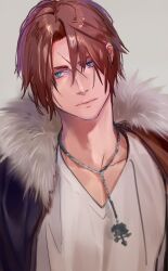 Rule 34 | 1boy, black jacket, blue eyes, brown hair, expressionless, final fantasy, final fantasy viii, fur-trimmed jacket, fur trim, grey background, highres, jacket, jewelry, male focus, necklace, nini tw99, open clothes, open jacket, scar, scar on face, scar on forehead, shirt, short hair, simple background, solo, squall leonhart, v-neck, white shirt